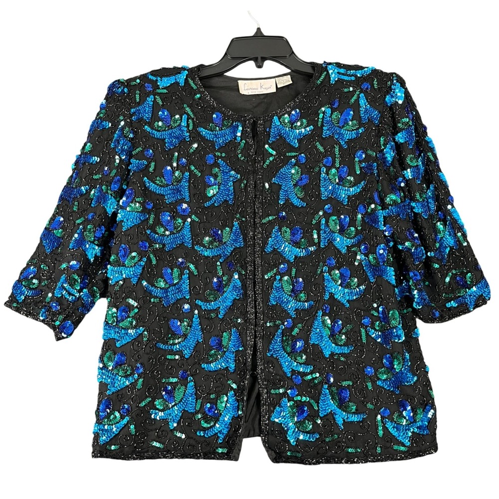 Lawrence Kazar Vintage 90s Beaded Sequin Jacket XL Formal‎ Evening Open Front
